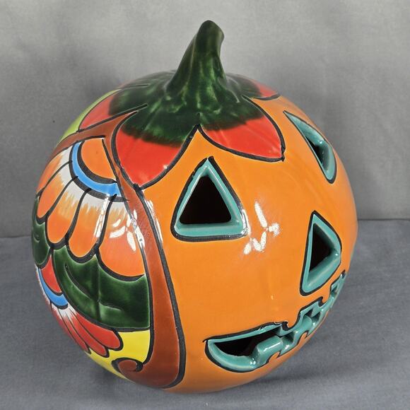 Blue Orange Pottery Talavera 9" Jack O Lantern Pumpkin Luminary Mexico Decor - Picture 3 of 10